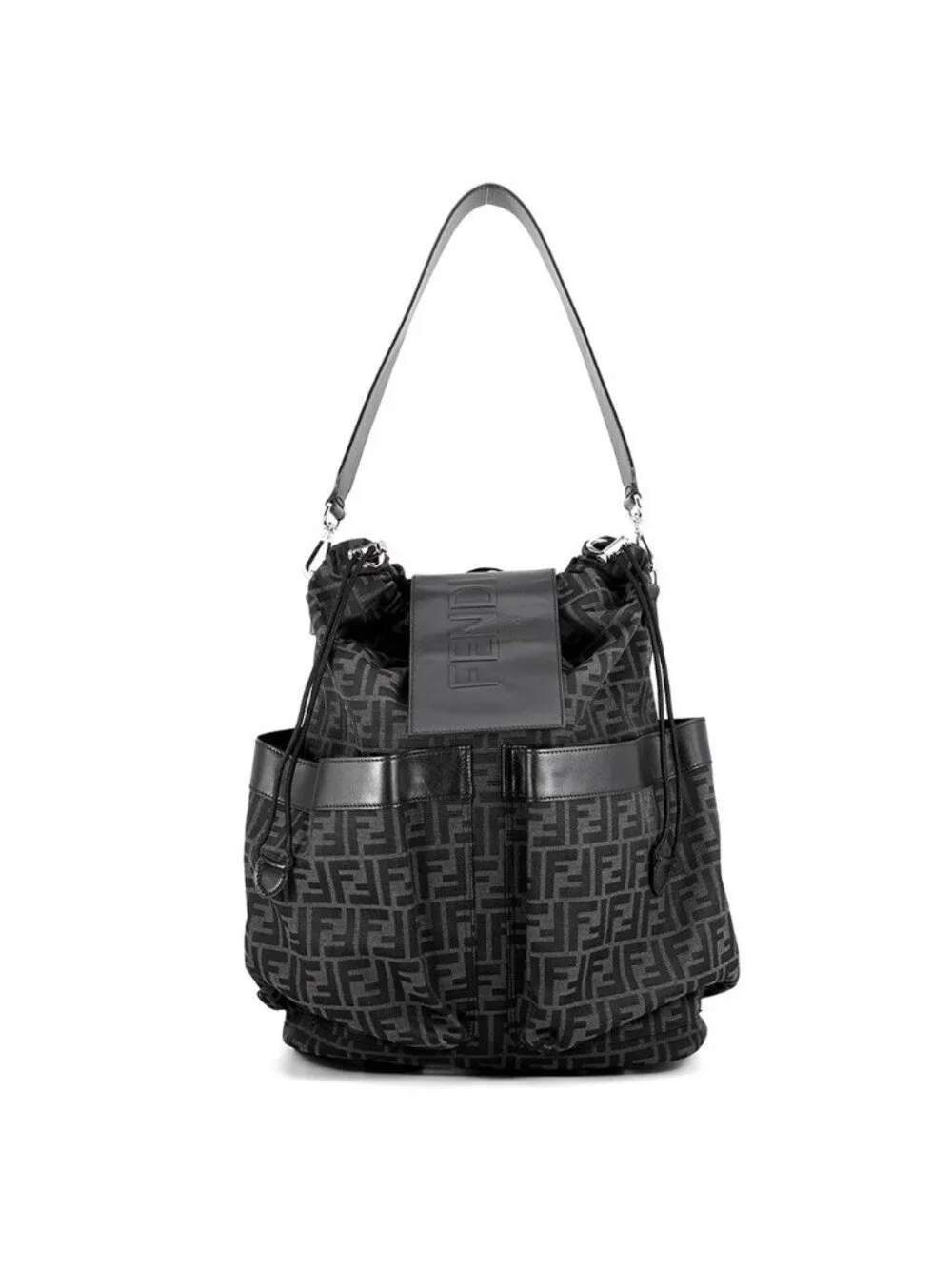 Fendi Backpack Drawstring FF Jacquard Leather Black